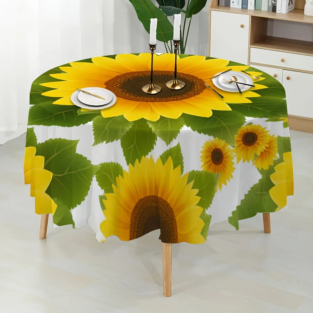 A round tablecloth with a pattern of blooming sunflowers under the sunlight.xzj