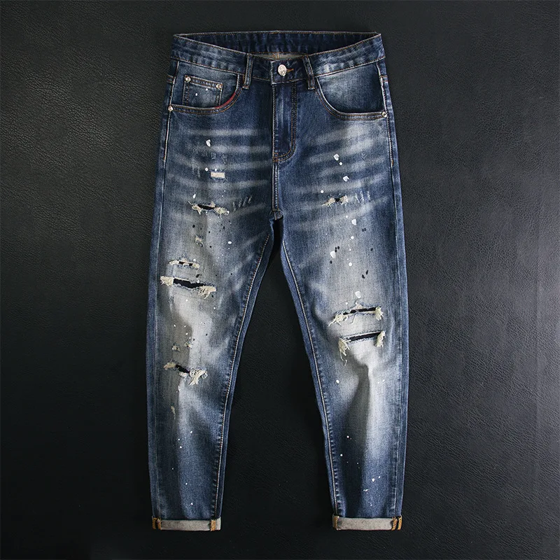 

Splash ink ripped patch jeans for men, retro blue, slim fit, small feet, elastic and cool, spring and summer thin fashion pants