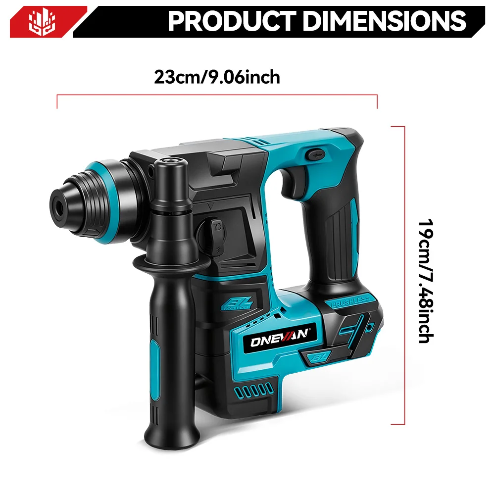 ONEVAN 2500W Bürstenloser Elektrohammer 3500 U/min Kabelloser Leichter Bohrhammer Schlagbohrmaschine für Makita 18V Akku – Detail 6
