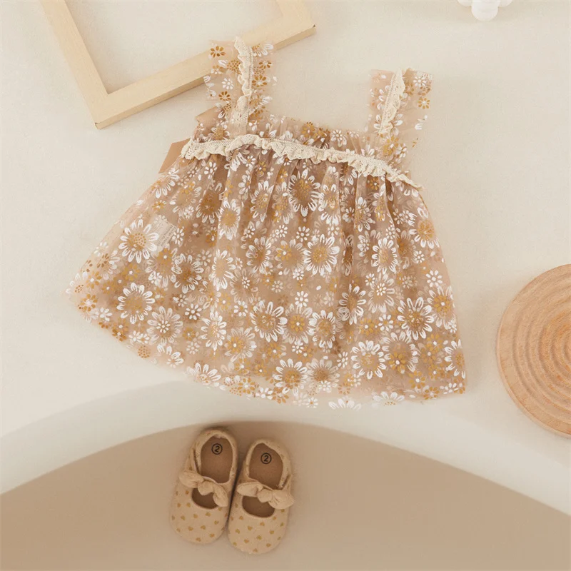 Tregren Toddler Girls Summer Tulle Princess Dress Daisy Print Sleeveless Bow Decor A-Line Dress Cute Summer Infant Baby Dress