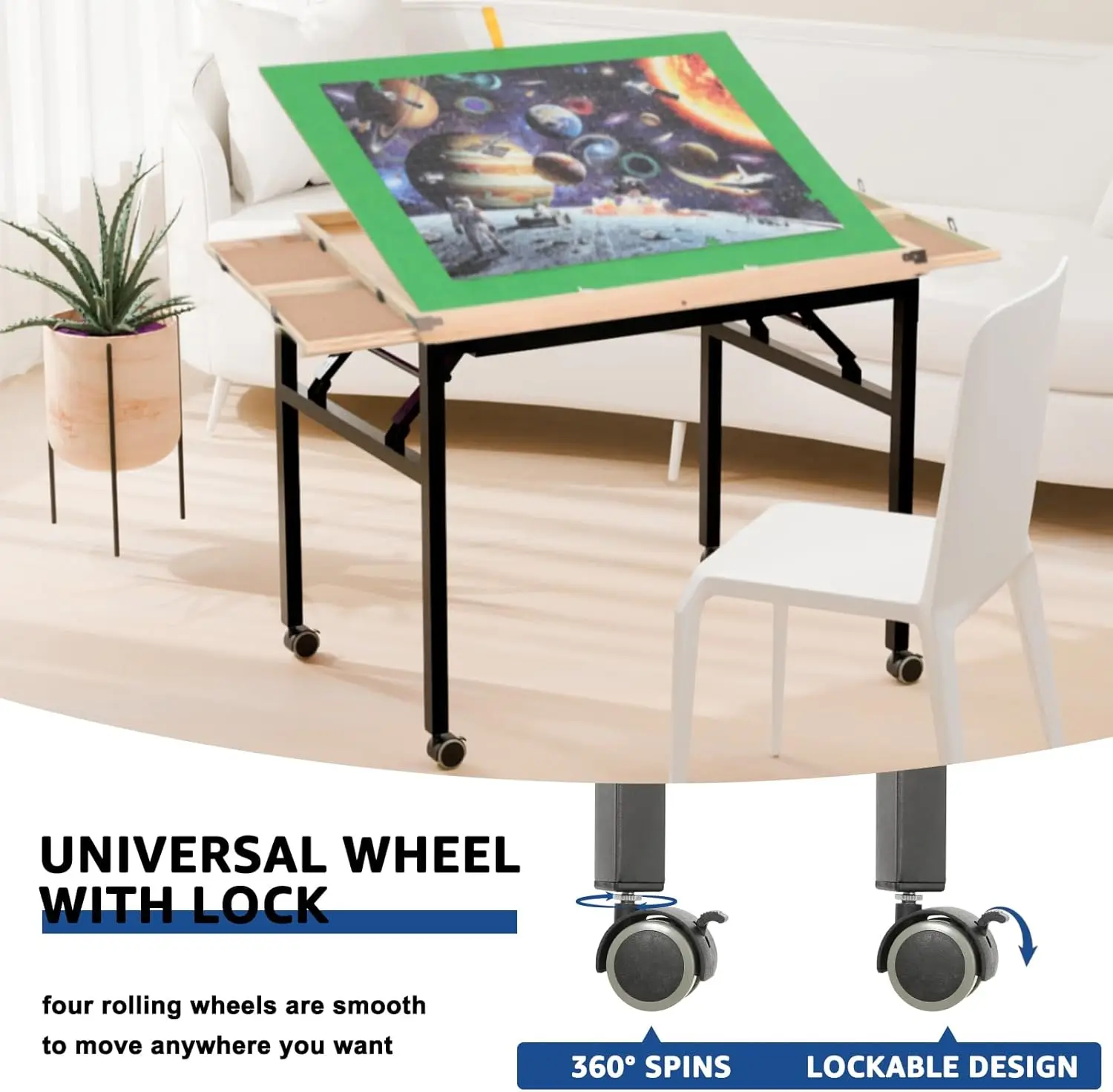 Mesa de quebra-cabeça ajustável de 3 ângulos de 1500 peças com gavetas, pernas e capa de metal dobráveis portáteis, sobre rodas para adultos