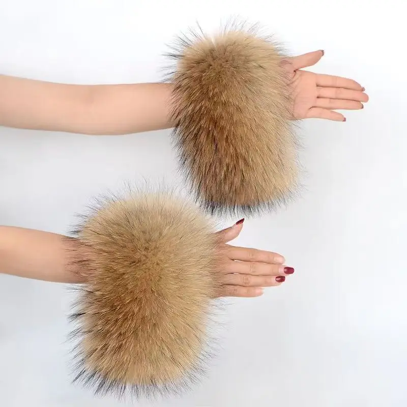 High Quality Winter Real Racoon Fur Cuffs Wrist Warmer Coat Sleeve Decorate Genuine Fur Cuff Arm Bracelet Fur Wristband Glove