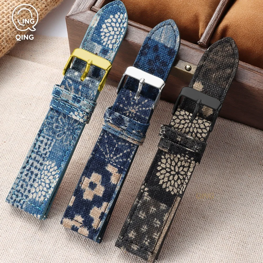 20mm 22mm Cotton Linen Leather Watch Strap New Style Quick Release Watches Band Blue Floral Denim Pattern Replacement Watchbands
