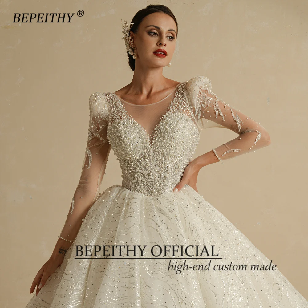 BEPEITHY Luxus Shinny Prinzessin Hochzeit Kleider Für Frauen 2022 Volle Ärmeln Scoop Perlen Vintage Ball Brautkleid Kapelle Zug