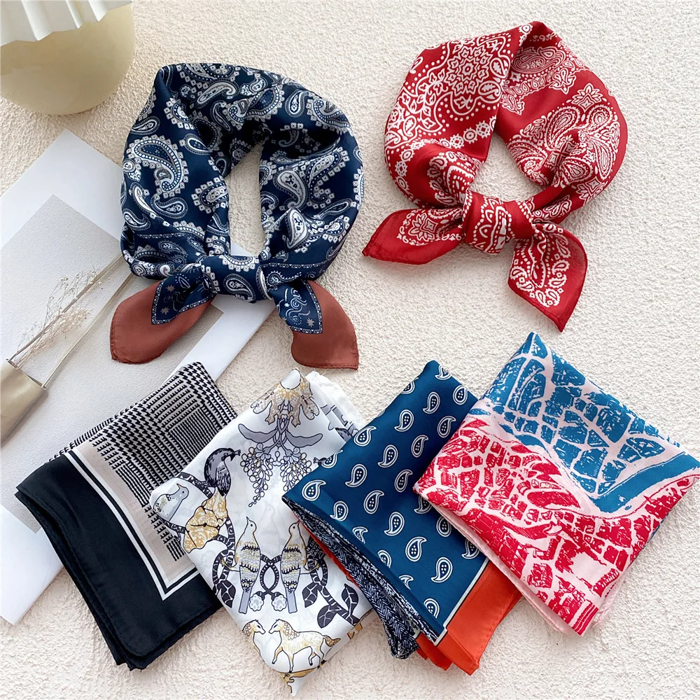 Fashion 53CM Silk Scarf Small Square Scarf Women\'s Versatile Decorative Hair Scarf Bandanas Ponytail Ties Headwear
