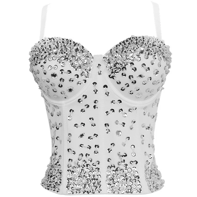 Fashionable Slim Fit Sequin Tank Top Women's Casual Bright Spangle Strap Vest Street Style Polyester Outerwear Regular Length