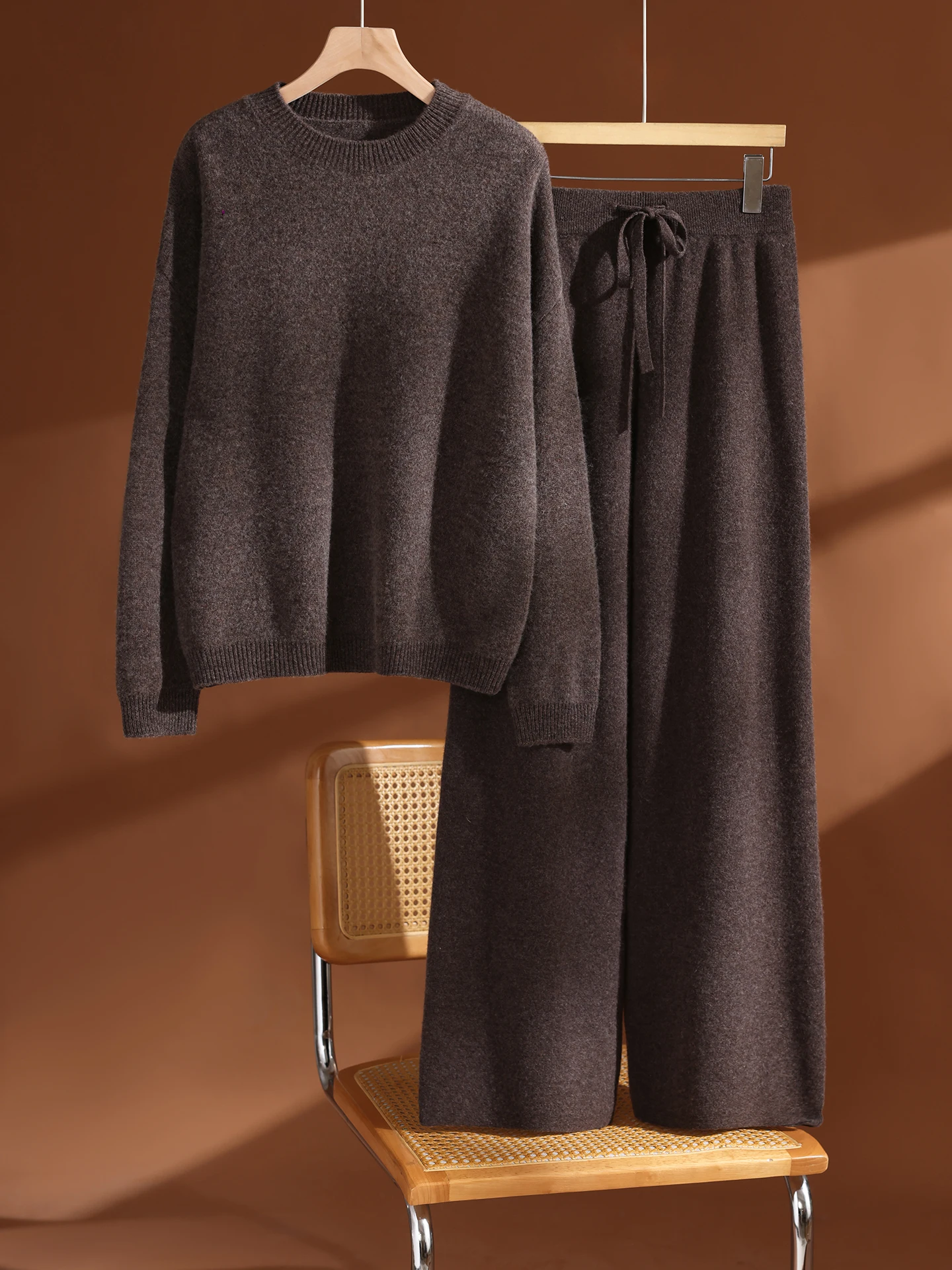 Eyelet Women 100% Merino Wool O-neck Pullover Sweater  2 Piece Set Solid Sweater & Drawstring Wide Leg Pants Casual Knitted Top