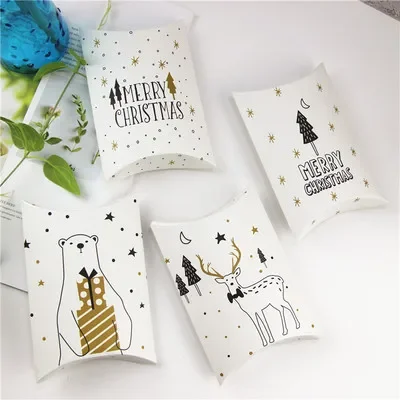 50pcs Pillow Shape Xmas Tree Elk Christmas Candy Box Paper Cookies Packing Boxes Fold DIY Christmas Gift Bag Party Supplies