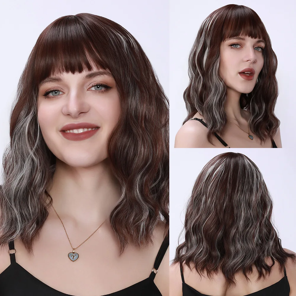 

European and American style women's wig brown pick white short curly hair water ripple daily Qi bangs wig