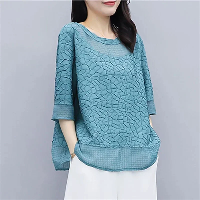 

Nice Women Spring Summer Style Chiffon Blouses Shirts Lady Casual Loose Brindle Design O-Neck Blusas Tops
