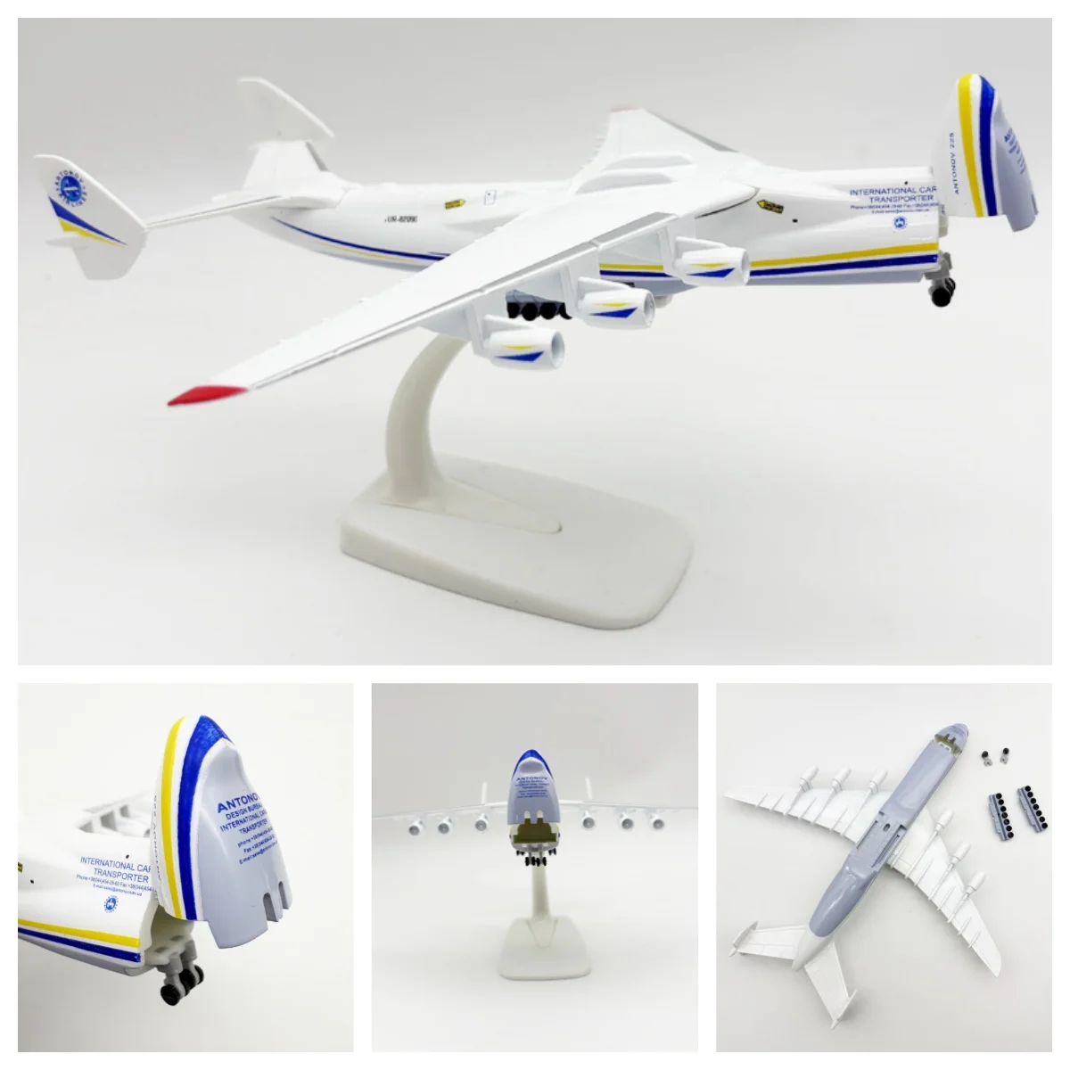 Novo modelo de avião Antonov An-225 "Mriya" - Avião de transporte ucraniano com compartimento que pode ser aberto - Miniatura de avião em liga metálica fundida.