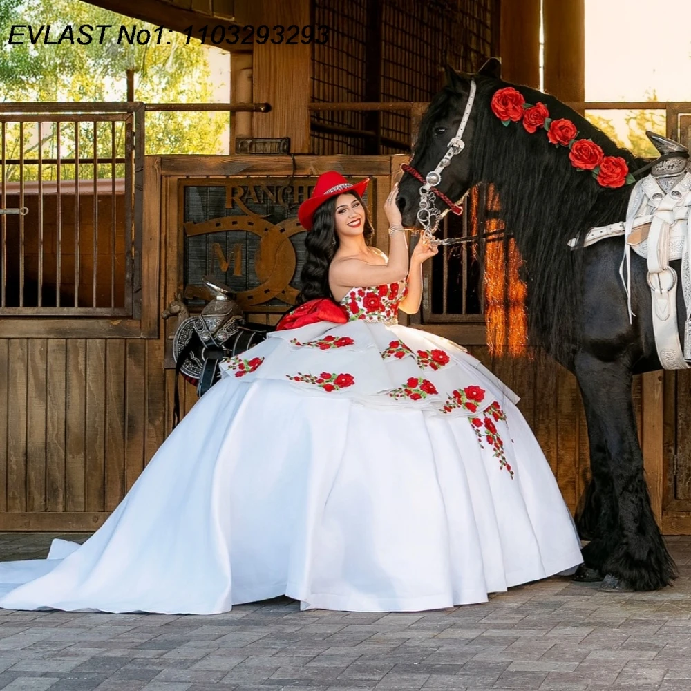 

EVLAST индивидуальное мексиканское платье Charro, белое платье Quinceanera, бальное платье с вышивкой и бисером, с бантом, Sweet 16, Vestidos De 15 Anos E1QN492
