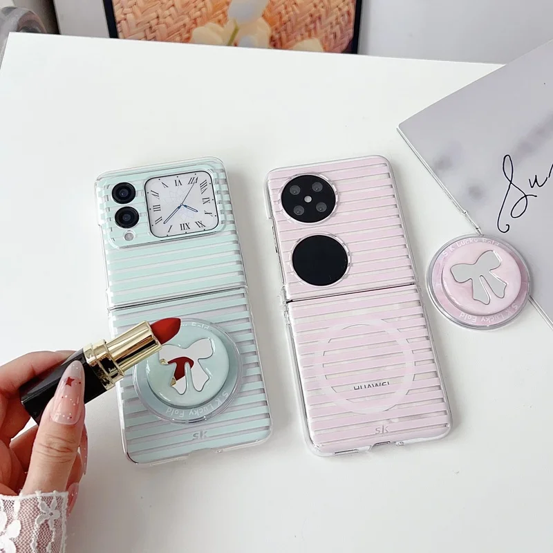 Stripe Bowknot Bracket Magnetic Phone Case For Huawei P50 Pura X Pocket2 Nova Flip Attraction Bracelet Chain Hard Back Cover