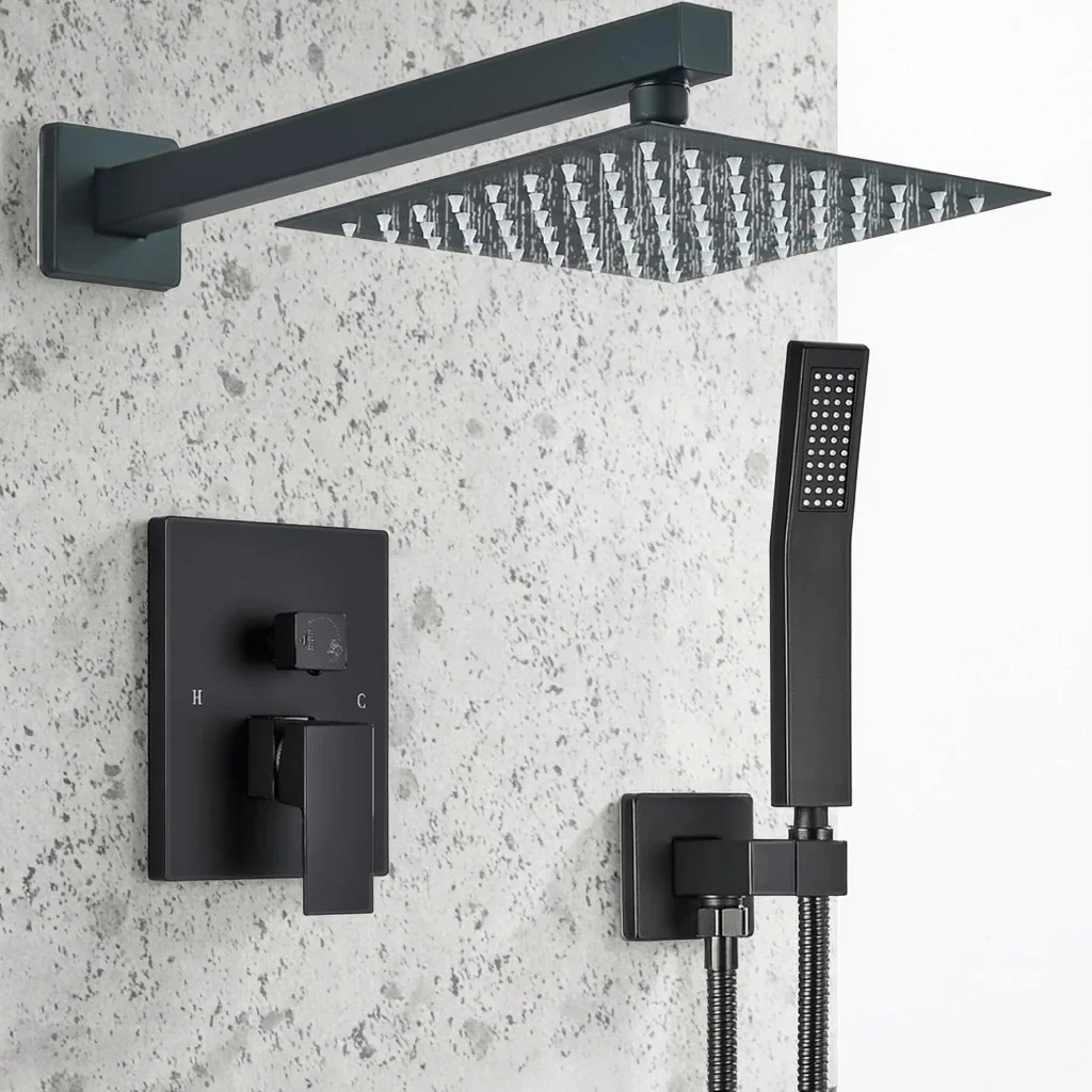 Square Black Stainless Steel Rain Mist Shower Head Cold  and Hot Mixer  Complete Concealed Bathroom Shower Set