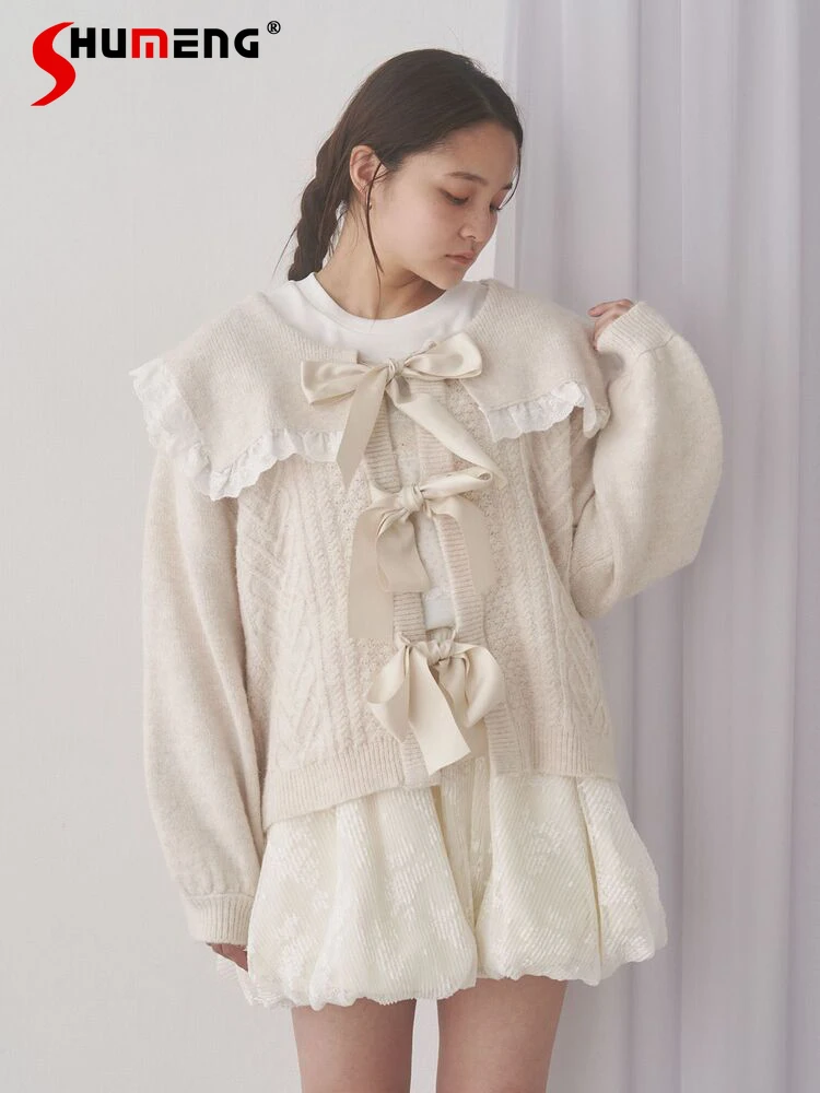 

2025 Spring and Autumn Japanese Style Sweet Bow Lace-up Knit Cardigan Student Knitted Jacket Women's Casual Loose Knitted Jacket