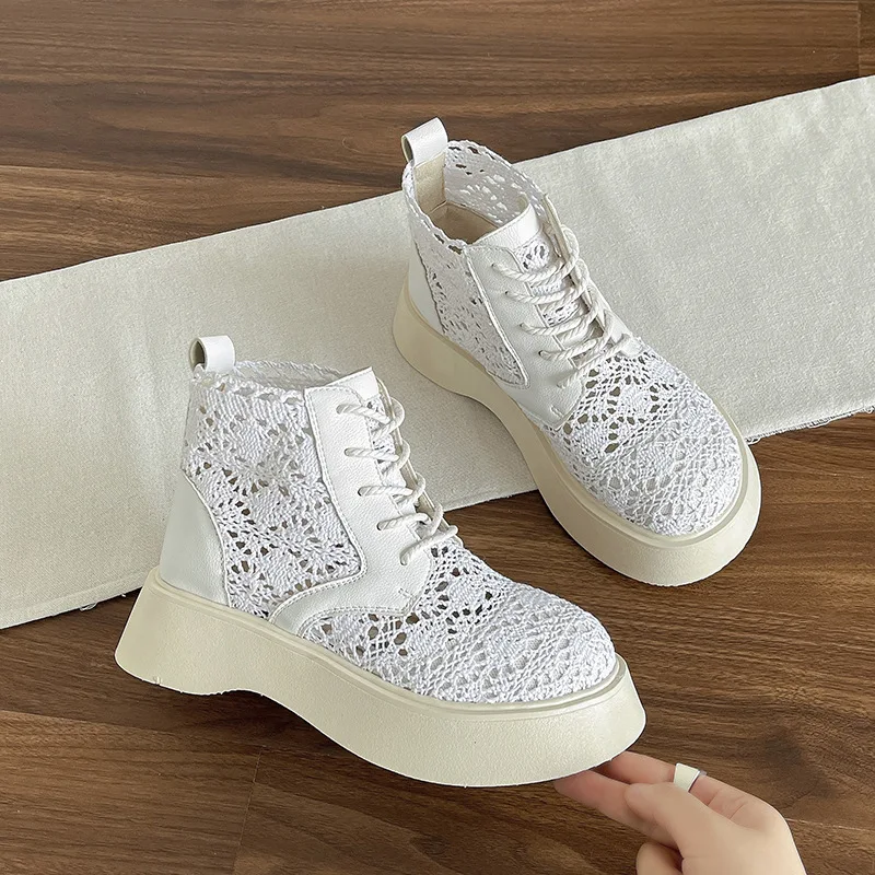 Women Summer Hollow Out Lace Mesh Thick Platform Ankle Breathable Non Slip Lace Up Casual Walking Shoes Solid Fashion Cool