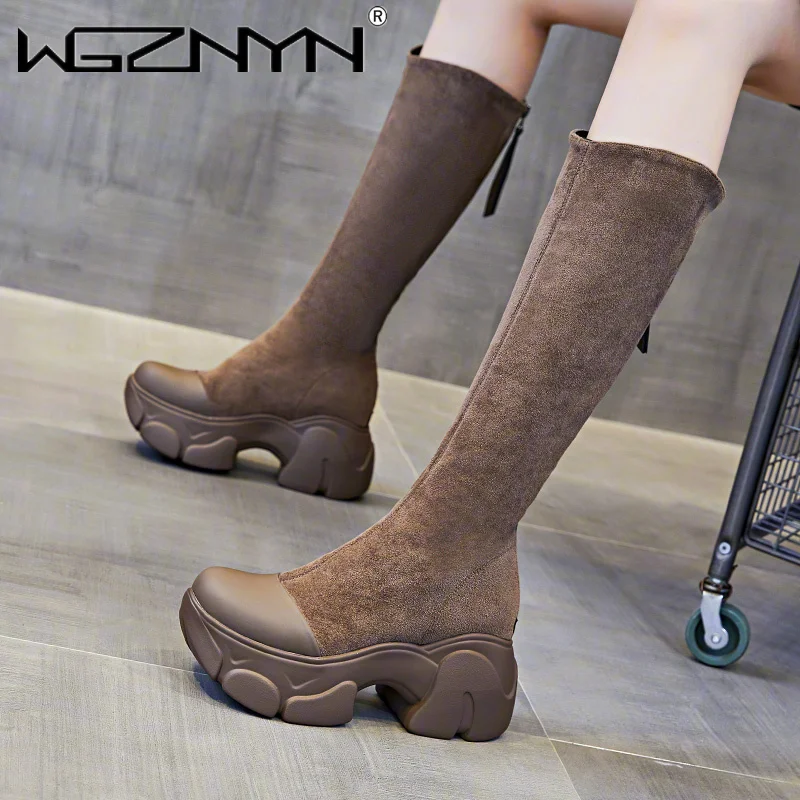 

2025 женские высокие сапоги, замшевые туфли выше колена на высоком каблуке, женские трендовые зимние элегантные зимние мотоциклетные ботинки на платформе, готические