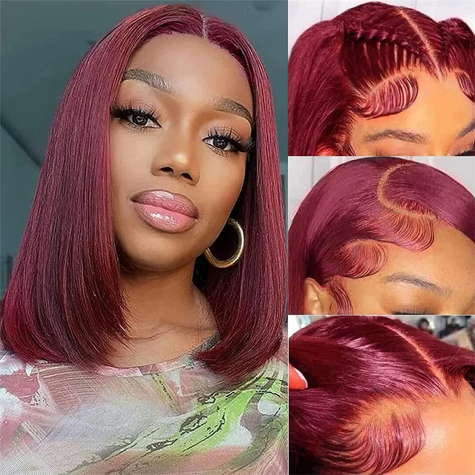 200% 13x6 Burgundy HD Transparent Short Bob Human Hair Wigs Color 99J Red Bone Straight Lace Front Wig For Women Pre Plucked