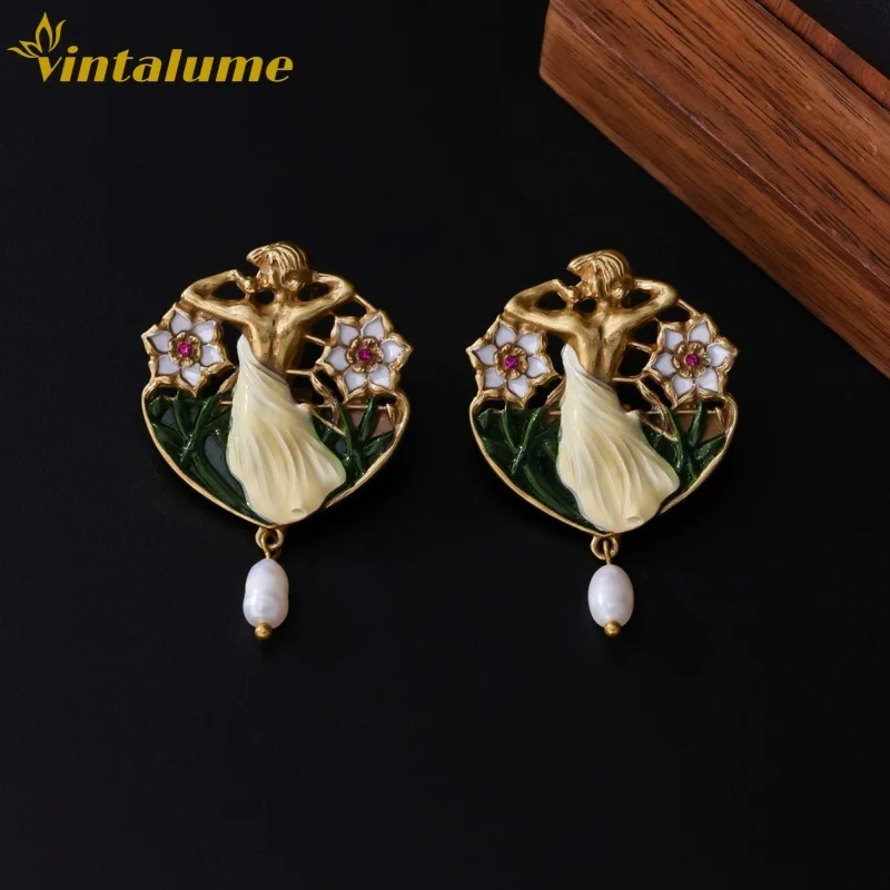 

Серьги-подвески Vintalume в винтажном стиле с эмалью, жемчугом и цветами для женщин, с фианитами, модные, уникальные, трендовые, для вечеринок, подарок