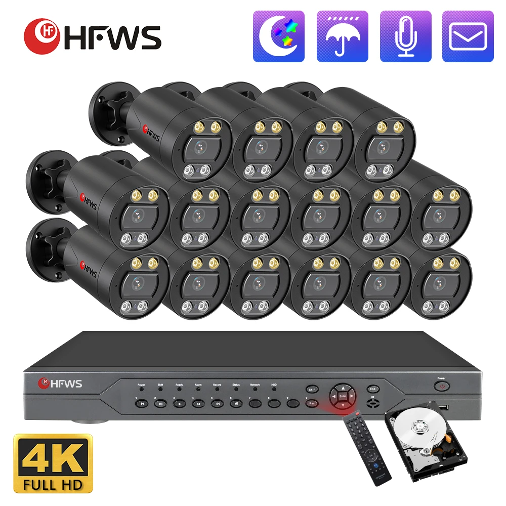 4K 8MP Poe Camera System 16CH CCTV Nvr Kit  Surveillance  System Dual Light Source Waterproof Outdoor