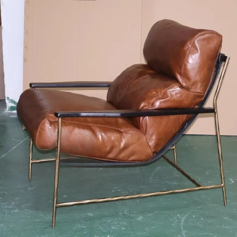 Medieval solid wrought iron forging leisure chair retro oil wax genuine leather metal old forging single sofa chair