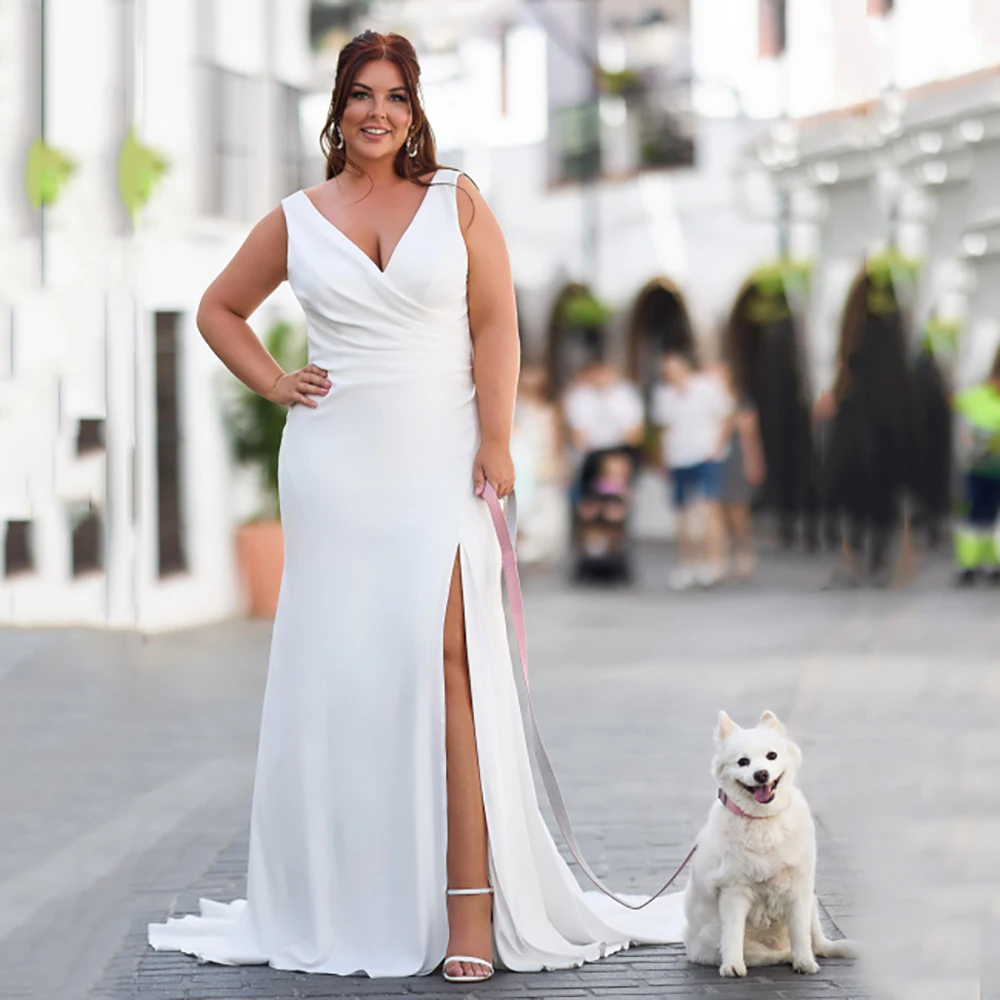 Civil V Neck Plus Size Wedding Dresses 2026 Sleeveless High Slit Brides Gown Backless Mermaid Bridal Dress Customized