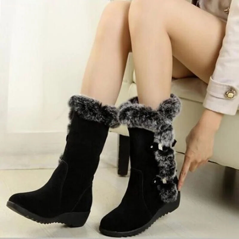 New Winter Women Boots Casual Warm Fur Mid-Calf Boots shoes Women Slip-On Round Toe wedges Snow Boots shoes Muje Plus size2021