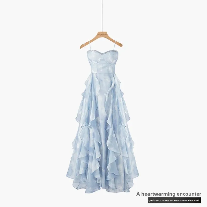 Faionable Floral Print Dr Princ Sle Strapl Midi Saia Ele Emagrecer Efeito Francês Sle Bainha Irregular Todos...