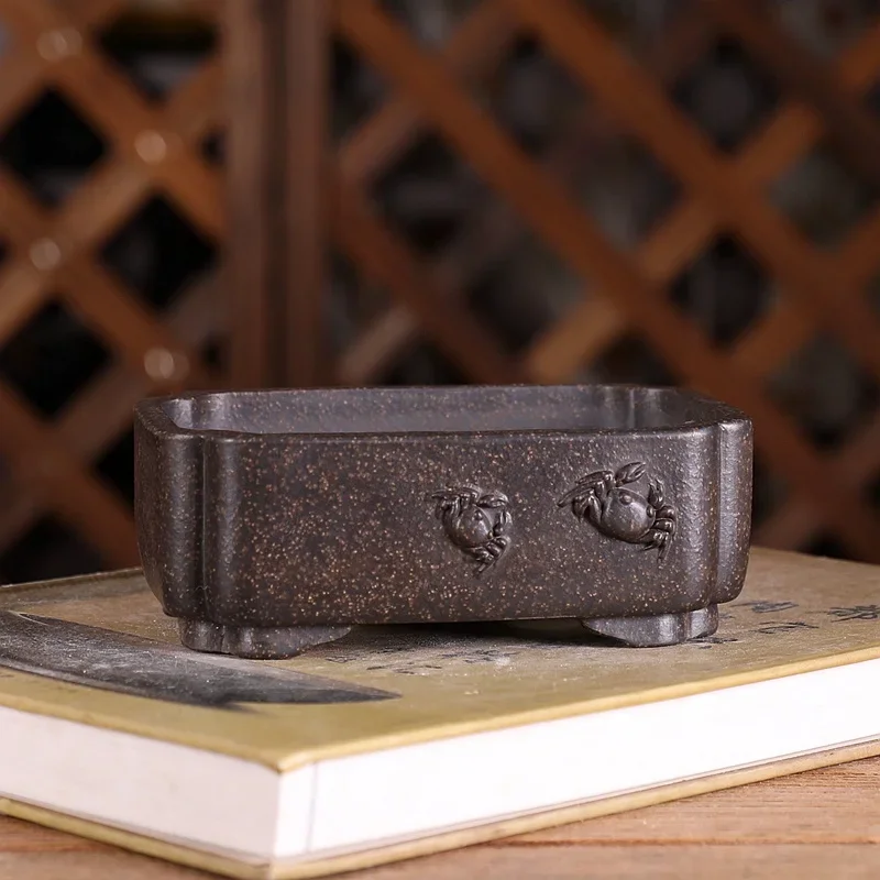 yesPurple Sand Round Angle Rectangle Bonsai Pot, Crab Carved ,Chinese Garden Decoration