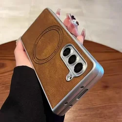 Retro Leather Cover For Samsung Galaxy Z Fold 6 Magnetic Wireless Charging Cover For Samsung Z Fold5 fold4 7 Hard Shockroof Case