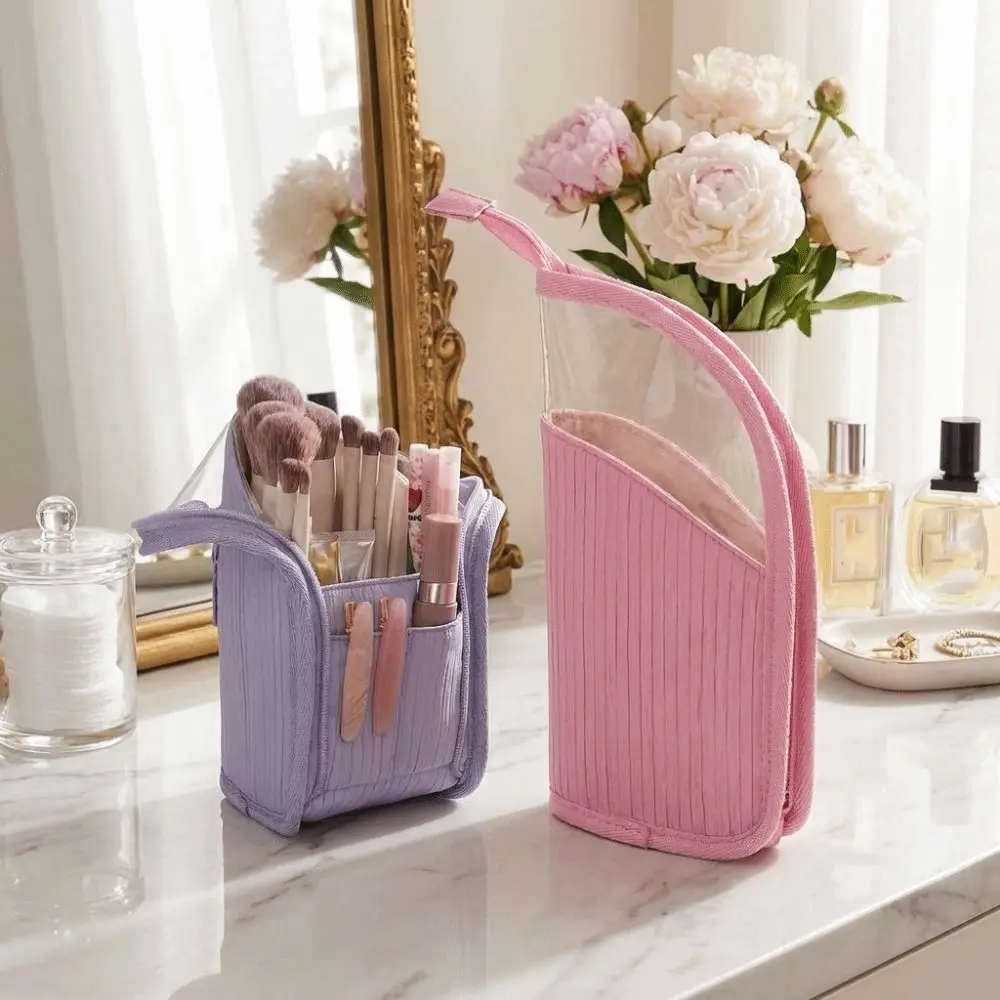 Large Capacity Vertical Cosmetic Bag Waterproof Visible Makeup Brush Case Portable Standing Travel Storage Pouch Wash Storage