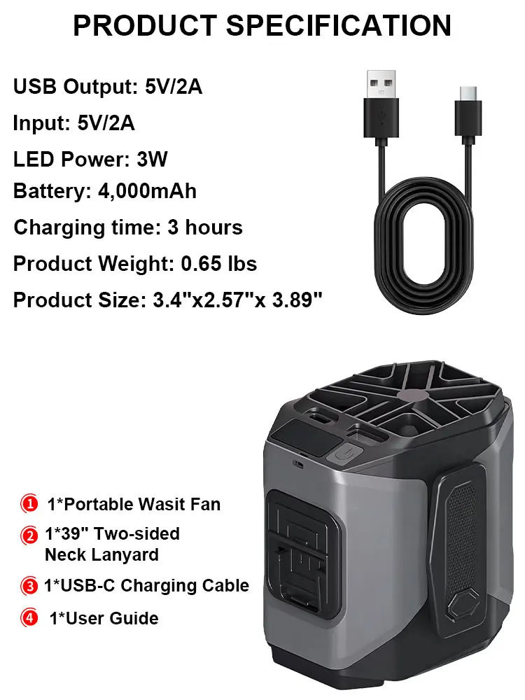 10000mAh Tragbarer Taillenventilator, 5-Gang, Leichtgewicht, 40 Std. Laufzeit, Freihändig für Outdoor, Baustelle, Reisen, Langstreckenaktivitäten – Detail 2
