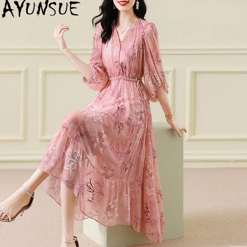 

AYUNSUE 100% натуральное шелковое платье из тутового шелкопряда для женщин, модная летняя одежда, элегантные женские платья, комплект из двух предметов