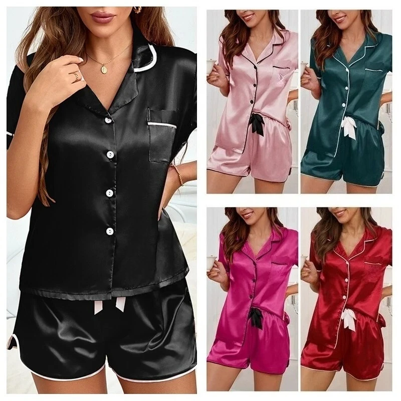 

Women's Pajamas Set Satin Sleepwear Button Down Tops and Shorts Pajama 2 Piece Suit Pyjama Femme Nightwear Loungewear for Summer