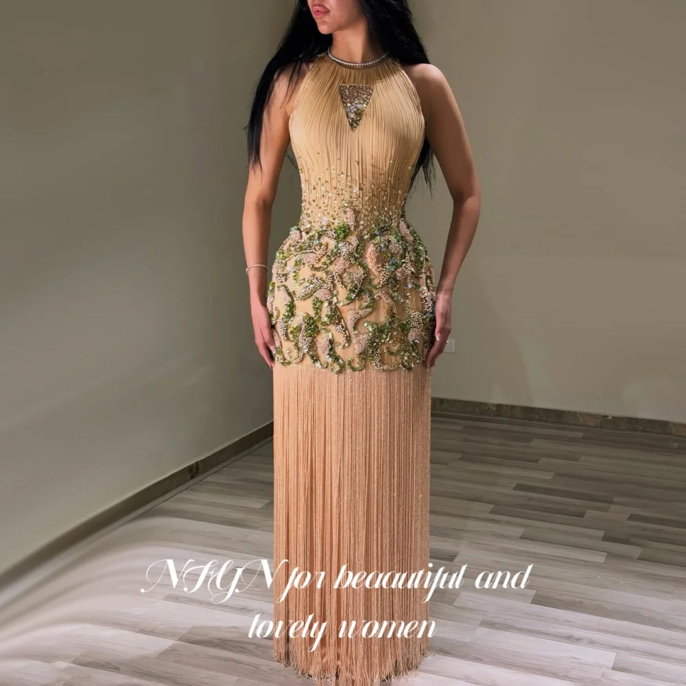 NFYN Champagne Sheath Prom Dress Halter Rhinestone Beaded Evening Gown 3D Floral Long Fringe Luxury Full Party Dress Customized