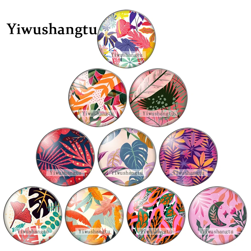 Image: Peintures de fond de plantes de feuilles tropicales rouges, photo ronde, cabochon en verre, démonstration, dos plat, résultats exécutifs, 12mm, 18mm, 20mm, 25mm