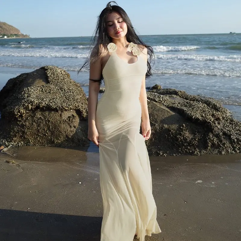 Vestido largo Sexy con apliques florales criptográficos, trajes de moda de verano con cuello Halter y escote pronunciado, vestidos transparentes de malla sin espalda, coqueta