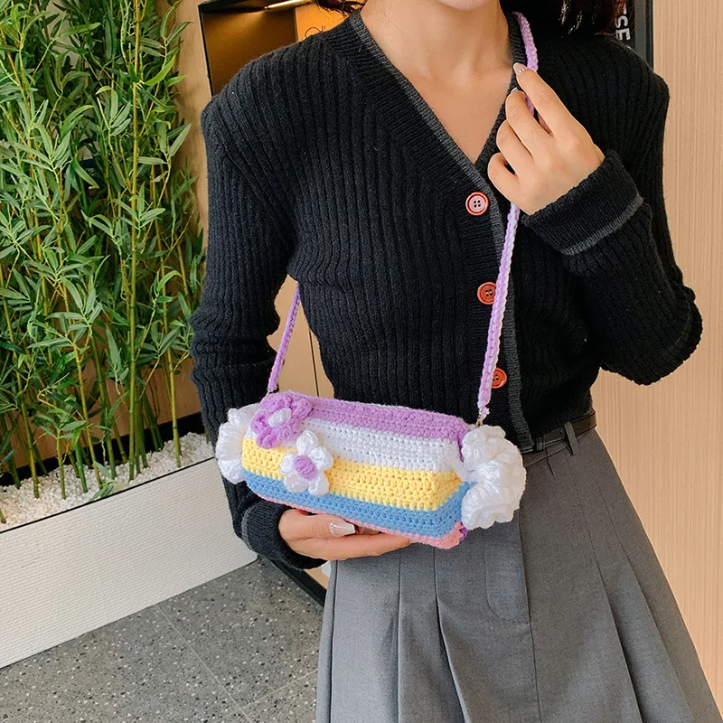 Shoulder Bag Candy Knitted Hand Woven Flower Barrel-shaped Sweet Cute Small Fresh Messenger Bag Leisure Shopping Trend All-match