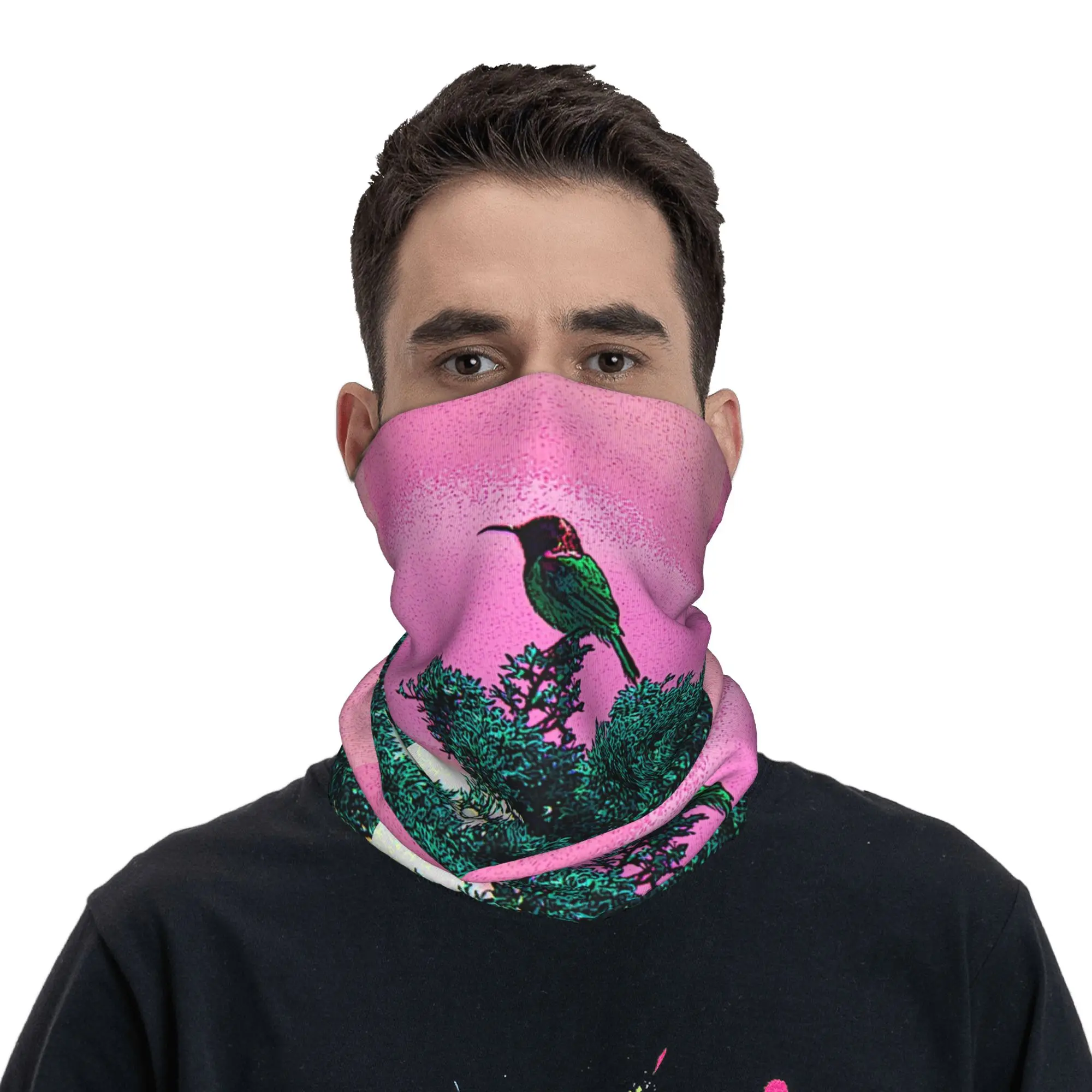Orange brested Sunbird Bird  with pink sky Bandana Neck Gaiter Printed Magic Scarf Warm Cycling Scarf Riding For Men Women Adult