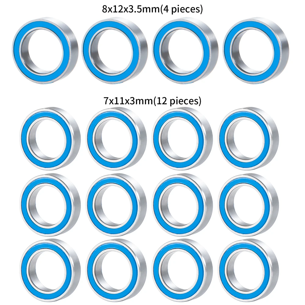YEAHRUN 1/18 미니 LMT RC 자동차 업그레이드 부품용 스틸 및 고무 밀폐 베어링 키트, 베어링 8x12x3.5mm, 7x11x3mm, 16 개