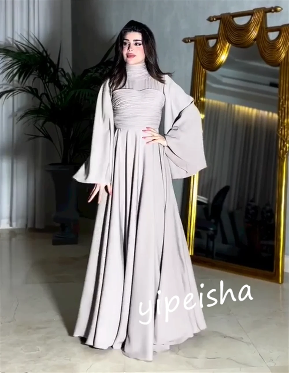 Jiayigong  Ball    Jersey Draped Ruffle A-line High Collar Bespoke Occasion Gown Long Es Saudi Arabia