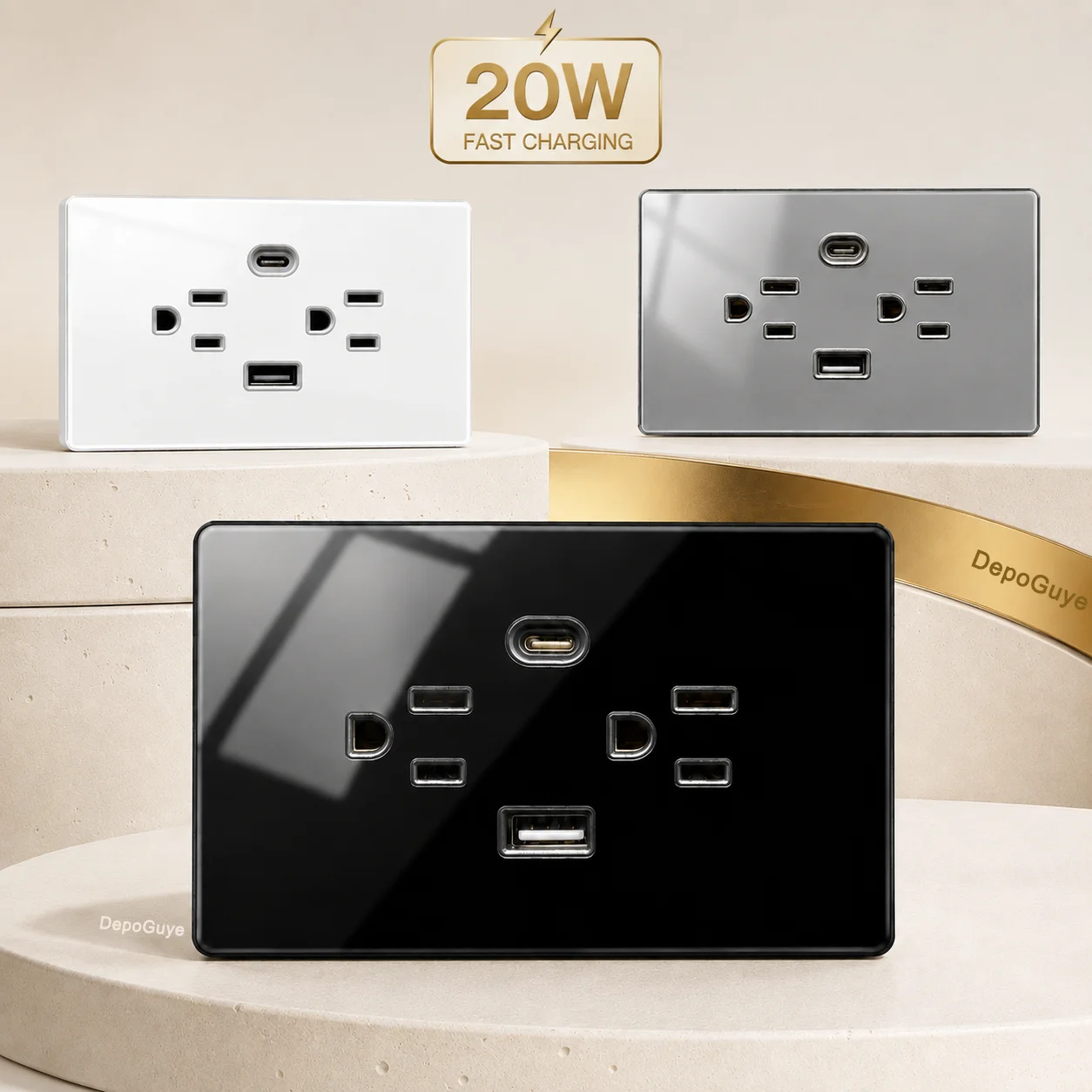 US Standard Wall Socket USB Type-C 20W Fast Charging Tempered Glass Outlet Dual USB Power Plug for US Mexico Black White Gray