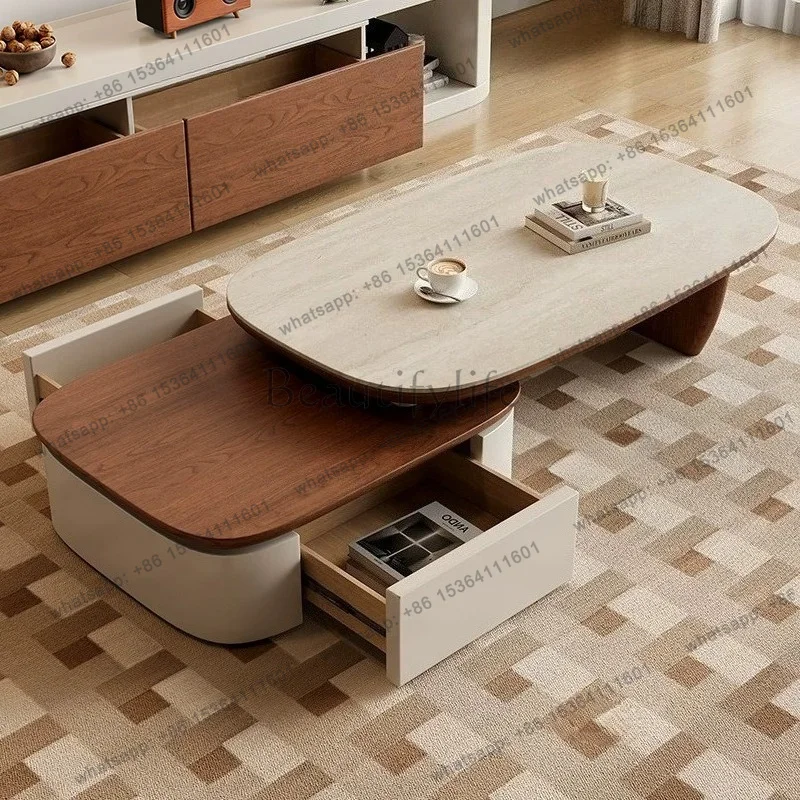 LDMedieval Style Coffee Table Living Room Household Light Luxury High-end Home Minimalist Rock Slab Retractable Edge