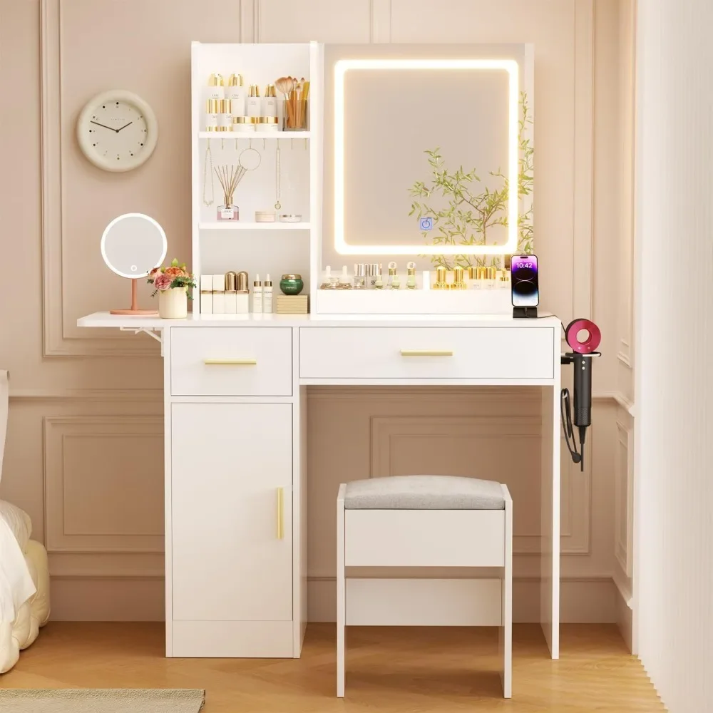 

Vanity Desk with Mirror and Lights & Extral Foldable Desk,35.43" &43.3" Makeup Vanity Table with Stool and Plug Outlet,5 Drawers