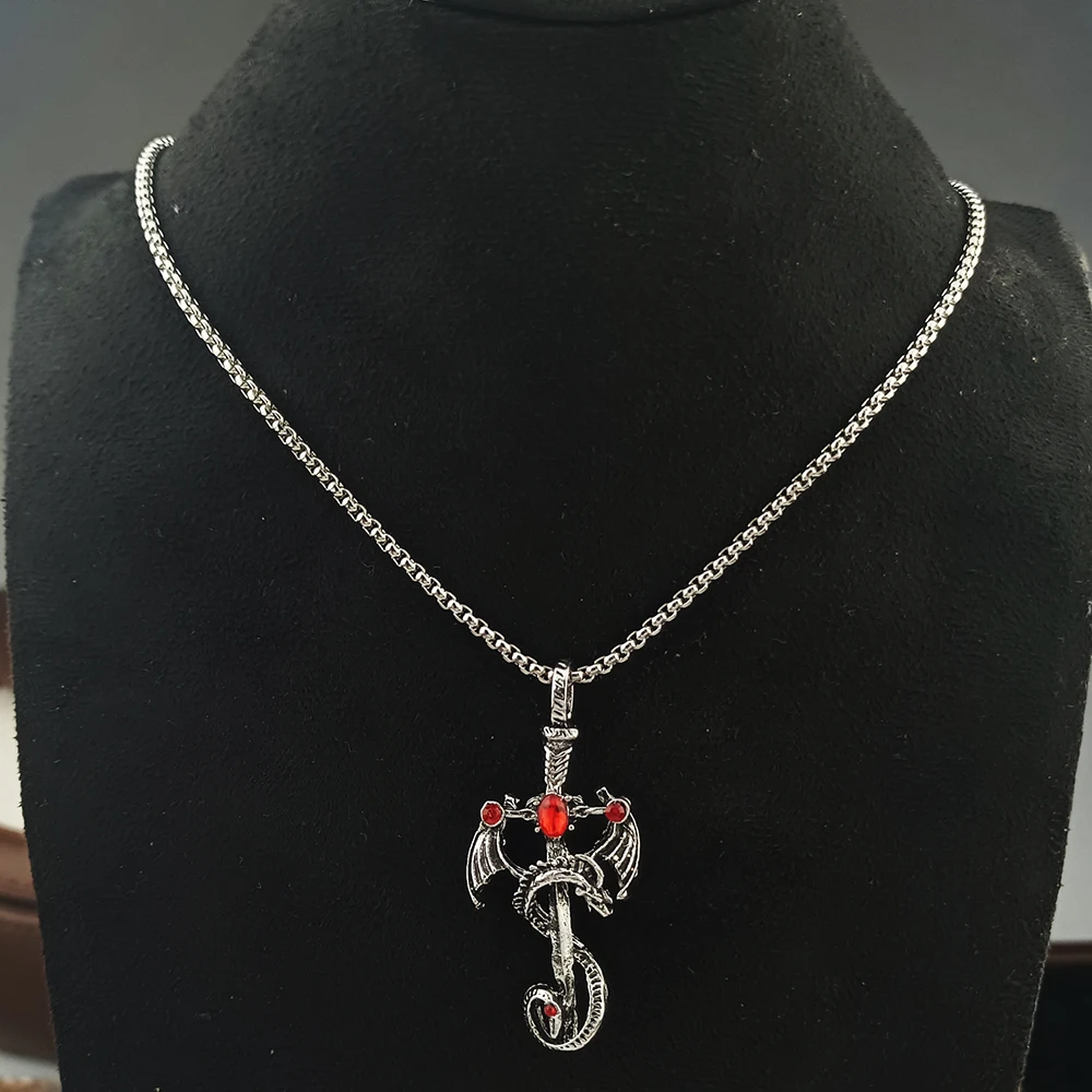 Vintage Dragon Sword Pendant Necklace, Gothic Winged Dragon Cross Sword Necklace With Imitation Gemstone Men Punk Amulet Jewelry view 4