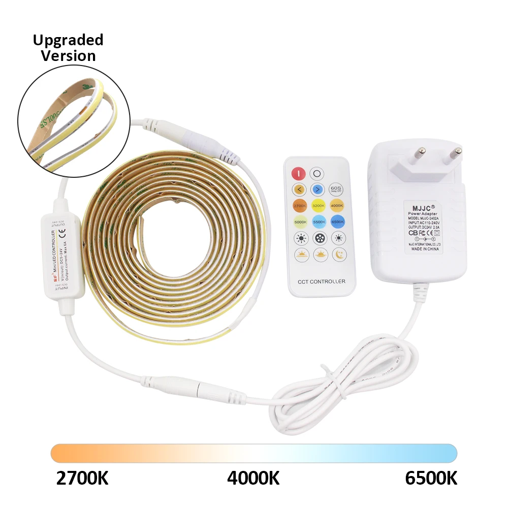 24V CCT 2wire COB LED Strip Light EU US Set High Brightness WW CW Dimmable Flexible Ribbon with RF 17Keys Remote Linear Lighting