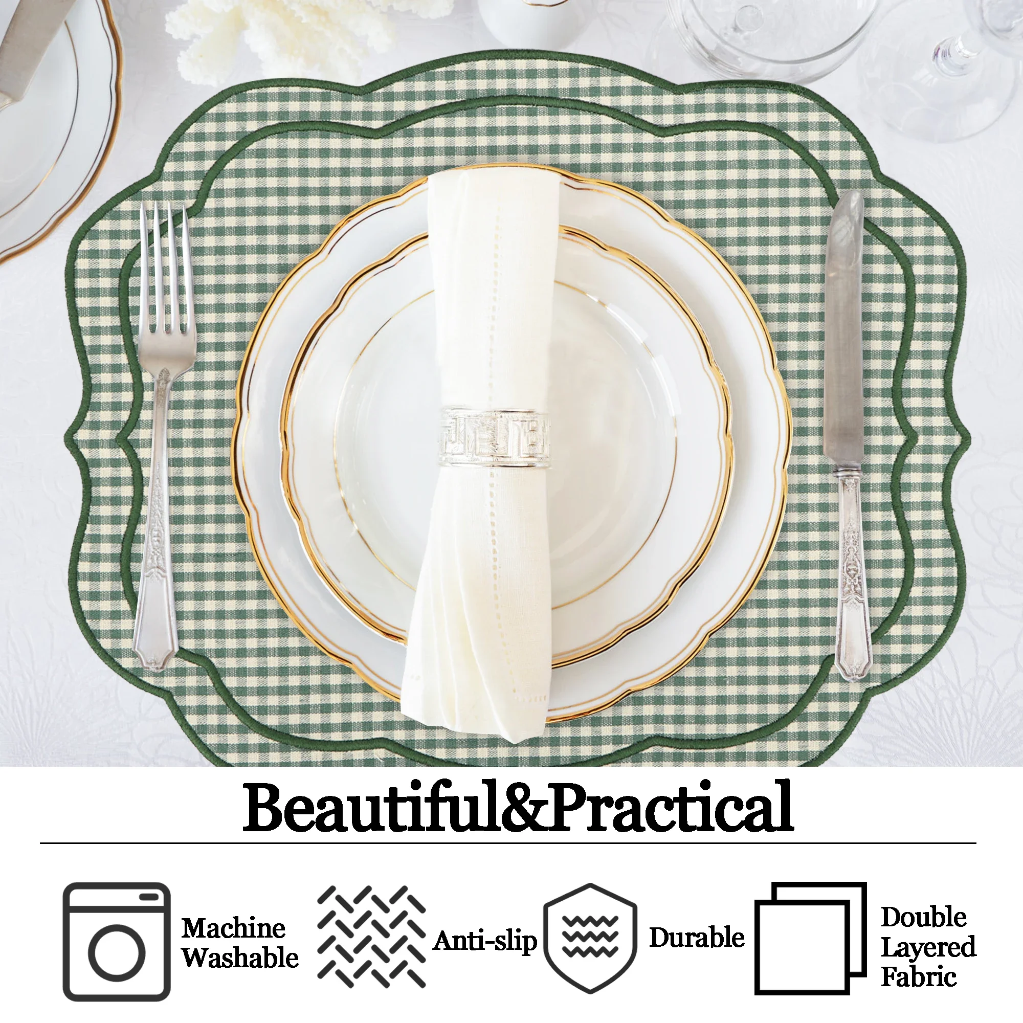 Gingham Placemats Set of 4, Double Layer Embroidered Scalloped Edge Table Mats