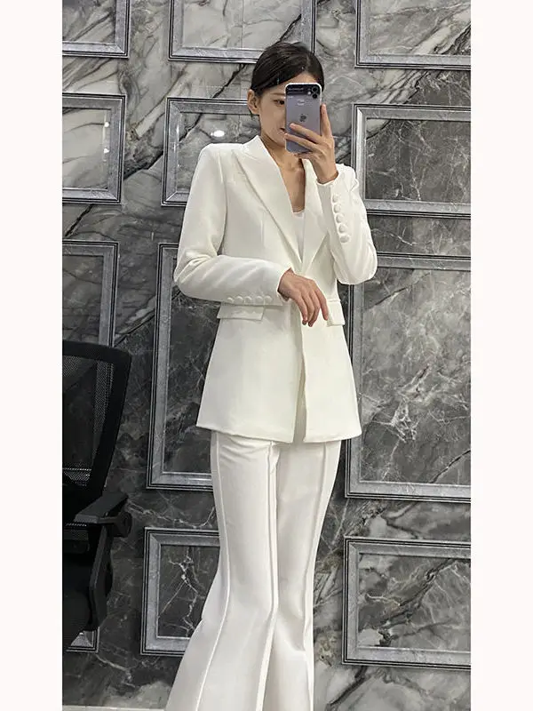 

Elegant White Suit Jacket And Flared Pants Women's Set Professional High End Two Piece Suit Casual Sportswear Ensemble