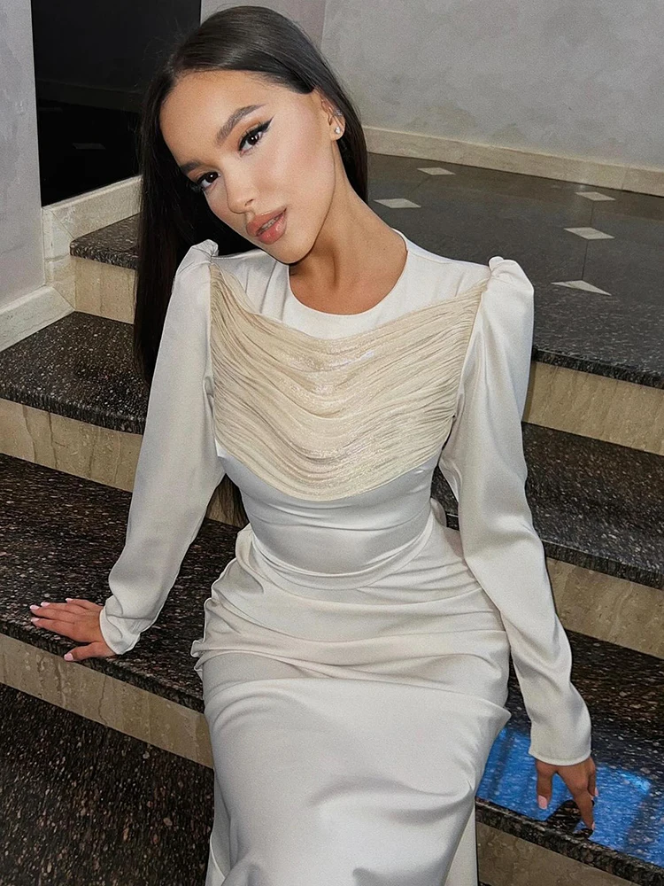 JULISSA MO Satin Patchwork Round Neck Bandage Women Maxi Dress Long Sleeve Evening Dress Female Winter Slim Elegant Party Outfit