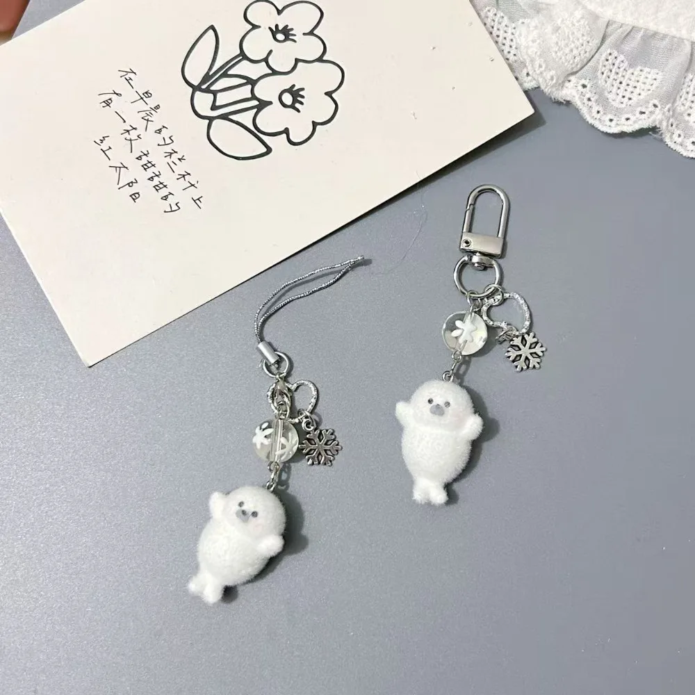 Resin Flocking Sea Otter Animal Keychains Fluffy Cute Cartoon Marine Animals Pendant Bag Earphone Case Phone Lanyard Accessories
